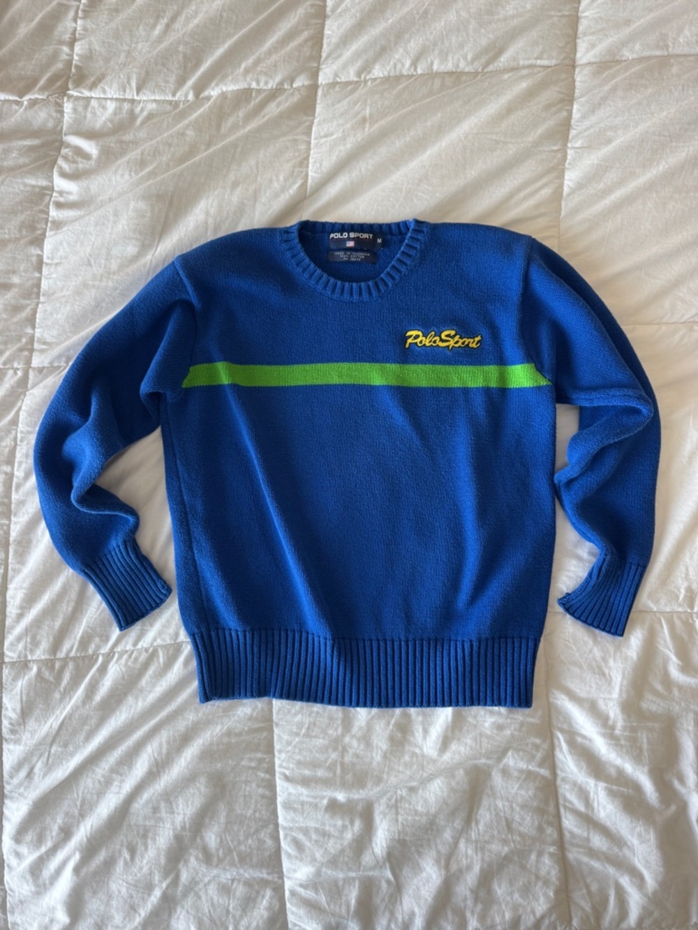 Vintage Polo Sport Ralph Lauren Blue Neon Stripe Sweater Kids M